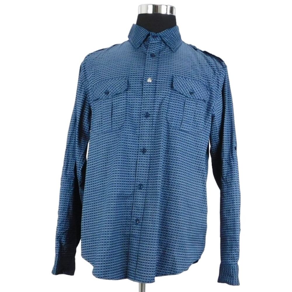 Drill Clothing Blue White Checkered Cotton Long Sleeve Button Mens Large Shirt